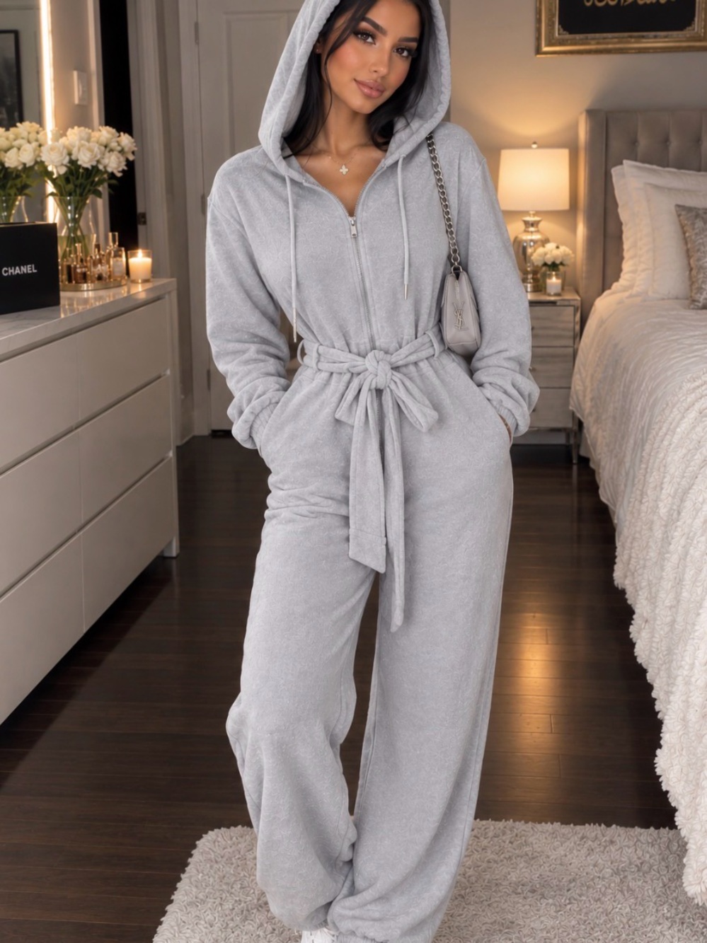 Jluxlabel Cozy Hooded Zip-Front Jumpsuit in Light Gray